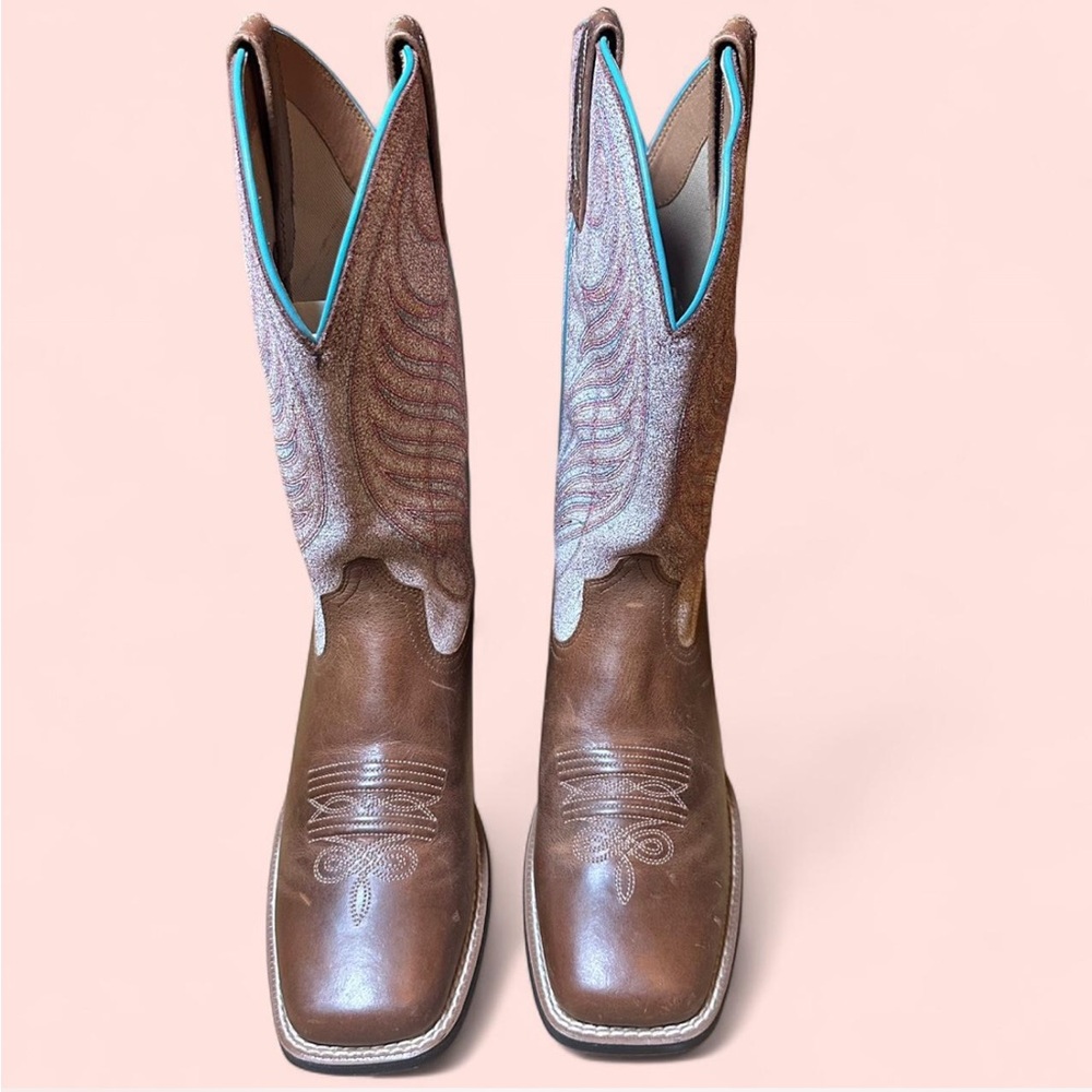 Ariat Brown Leather Western Boots with White and Turquoise Stitching - Picture 3 of 8